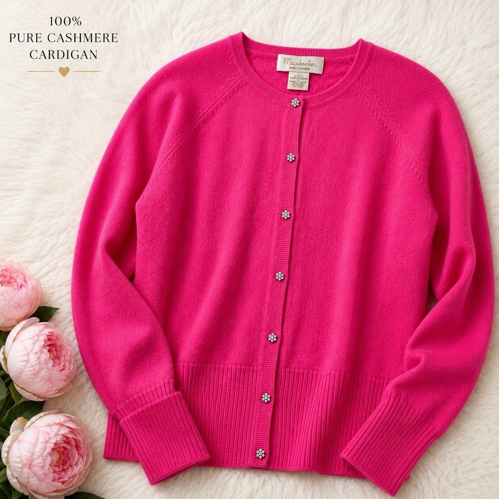 100% Pure Cashmere Cardigan Rhinestone Buttons Quiet Luxury Pink Women's  Size M
